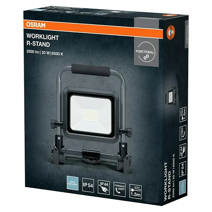 Osram LED-Baustrahler Worklight Value R-Stand - 20 W, 2.000 lm, 6.500 K, 238 x 148,6 x 254 mm, IP54 - Bild einer Osram Worklight R-Stand-Box mit technischen Details wie 2500 lm, 20 W und 6500 K, die ihre Funktionalität hervorheben.