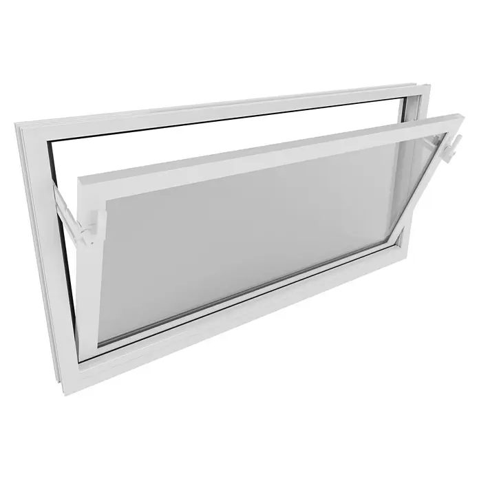 Solid Elements Kippfenster - 100 x 50 cm, Weiß - Nahaufnahme eines weißen Fensters mit Kippfunktion, das teilweise geöffnet ist und einen Blick auf die Innenräume ermöglicht.