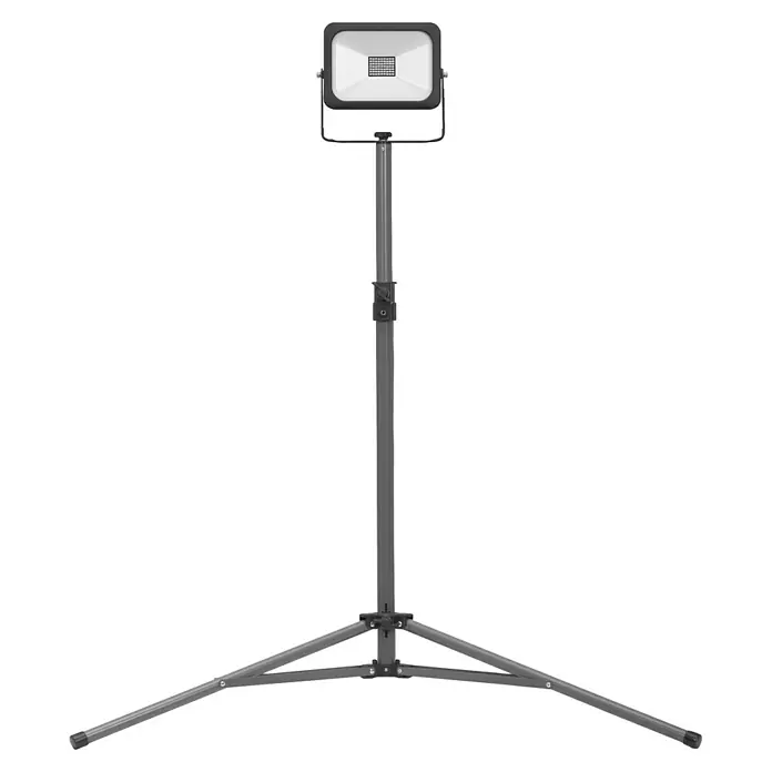 Ledvance LED Baustrahler Tripod - 20 W, 2.000 lm, 6.500 K, 1.070 x 920 x 1.550 mm, IP54 - Dunkelgrauer tragbarer LED-Scheinwerfer mit Gitterpanel auf verstellbarem Stativ.
