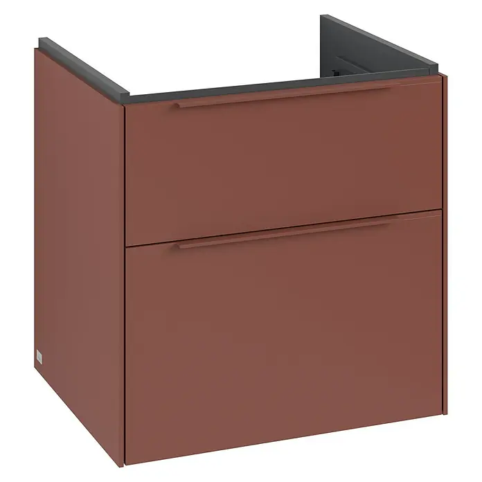 Villeroy & Boch Subway 3.0 Waschbeckenunterschrank - Wine Red, Anzahl Schubladen: 2 Stk., Farbe Griff: Monochrom, B x T x H: 57,2 x 47,8 x 57,6 cm - Der Badunterschrank in Kupfer verfügt über zwei Schubladen mit Griffen und eine graue Platte. Moderne Badezimmereinrichtung.