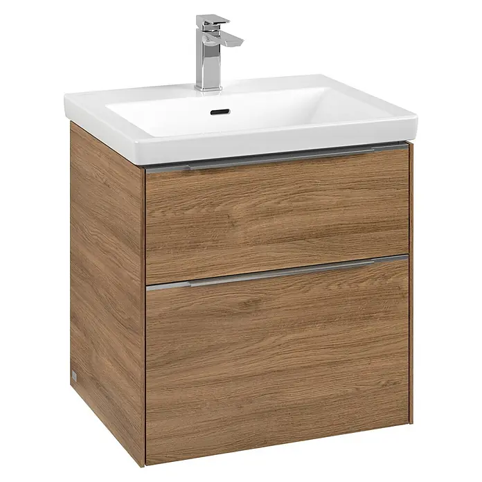 Villeroy & Boch Subway 3.0 Waschbeckenunterschrank - Kansas Oak, Anzahl Schubladen: 2 Stk., Farbe Griff: Aluminium glänzend, B x T x H: 57,2 x 47,8 x 57,6 cm, Mit Beleuchtung - Modernes Waschbecken mit Unterschrank in Holzoptik. Zeitgemäßes Design für Ihr Badezimmer mit praktischem Stauraum und stilvollem Aussehen.