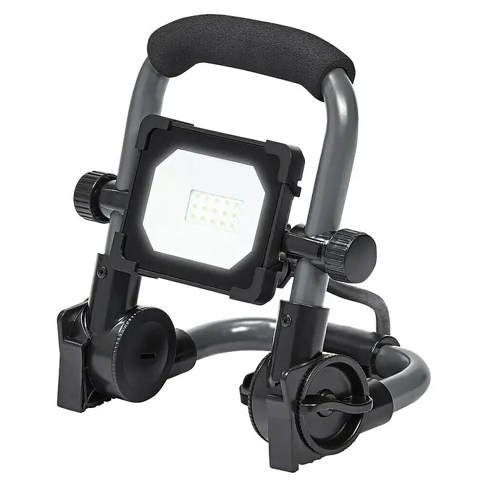 Ledvance LED Baustrahler R-Stand - 1.000 lm, 6.500 K, 180 x 138,5 x 194 mm, IP54 - Nahaufnahme einer tragbaren LED-Arbeitsleuchte mit robustem Rahmen und Tragegriff. Ideal für Baustellen und Werkstätten.