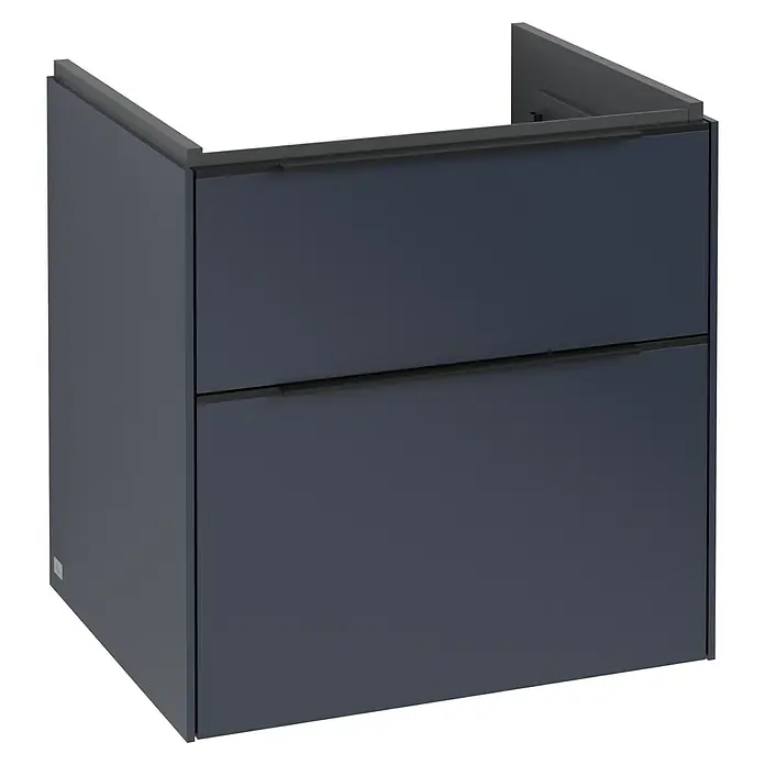 Villeroy & Boch Subway 3.0 Waschbeckenunterschrank - Marine Blue, Anzahl Schubladen: 2 Stk., Farbe Griff: Volcano Black, B x T x H: 57,2 x 47,8 x 57,6 cm - Ein grauer Waschtischunterschrank mit zwei Schubladen ist in diesem Bild zu sehen. Er bietet Stauraum für das Badezimmer und ist modern gestaltet.