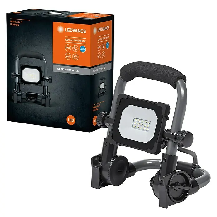 Ledvance LED Baustrahler R-Stand - 1.000 lm, 6.500 K, 180 x 138,5 x 194 mm, IP54 - LEDVANCE Worklight R-Stand: Eine tragbare Arbeitsleuchte mit 1200 Lumen, 10W Leistung und 6500K Farbtemperatur für optimale Ausleuchtung.