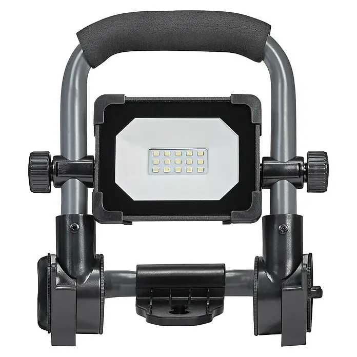 Ledvance LED Baustrahler R-Stand - 1.000 lm, 6.500 K, 180 x 138,5 x 194 mm, IP54 - Aufnahme einer LED-Arbeitsleuchte mit einem schwarzen Rahmen und einem grauen Griff mit Polsterung für einen einfachen Transport.