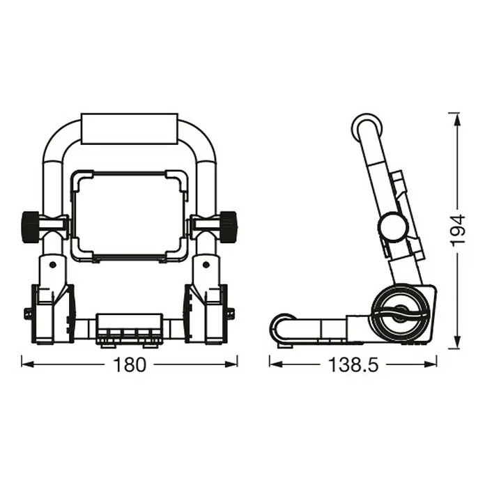 Ledvance LED Baustrahler R-Stand - 1.000 lm, 6.500 K, 180 x 138,5 x 194 mm, IP54 - Technische Zeichnung eines tragbaren, verstellbaren Ständers mit Rahmen und Griff, zeigt Vorder- und Seitenansicht mit Maßen (180x194x138,5).