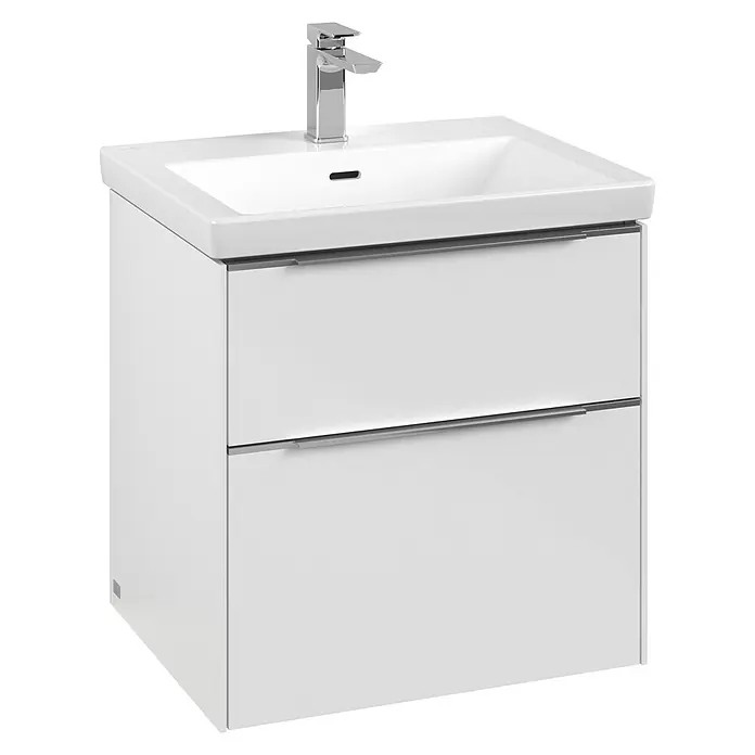Villeroy & Boch Subway 3.0 Waschbeckenunterschrank - Brilliant White, Anzahl Schubladen: 2 Stk., Farbe Griff: Aluminium glänzend, B x T x H: 57,2 x 47,8 x 57,6 cm, Mit Beleuchtung - Ein moderner, weißer Badezimmerschrank mit zwei Schubladen und einem Aufsatzwaschbecken mit glänzender Armatur. Elegantes Design für jedes Badezimmer.