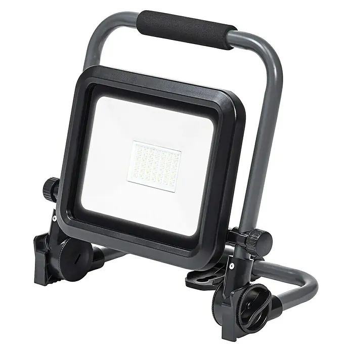 Osram LED Baustrahler Worklights Value - 3.000 lm, 6.500 K, 28,8 x 16,9 x 27,7 cm, IP54 - Eine tragbare LED-Arbeitsleuchte mit grauem Rahmen und einem Griff mit schwarzem Schaumstoffpolster für komfortablen Transport.