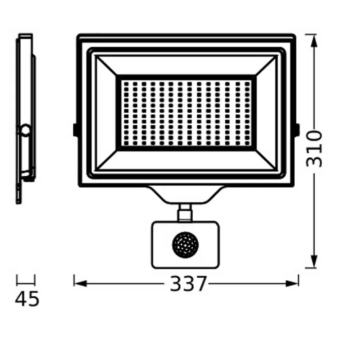 Ledvance Essential LED-Strahler Sensor - 150 W, 1.500 lm, 4.000 K, L x B x H: 337 x 45 x 310 mm, IP65 - Technische Zeichnung eines rechteckigen Flutlichtstrahlers mit integriertem Bewegungssensor, inklusive Abmessungen.