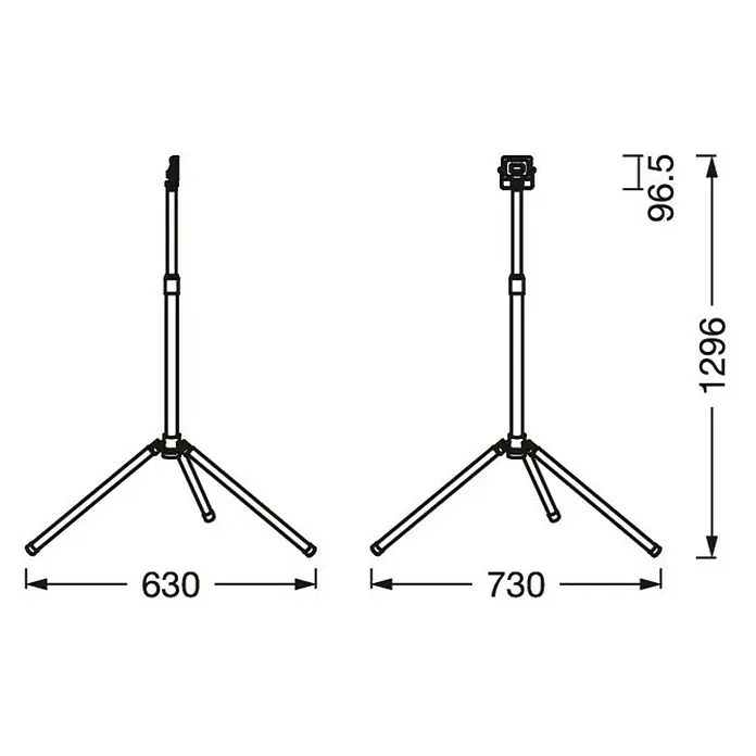 Ledvance LED Baustrahler Tripod - 10 W, 1.200 lm, 6.500 K, 730 x 630 x 1.296 mm, IP65 - Verstellbarer, dreibeiniger Stativständer mit Abmessungen: 1296mm Höhe und 630-730mm Basisbreite.
