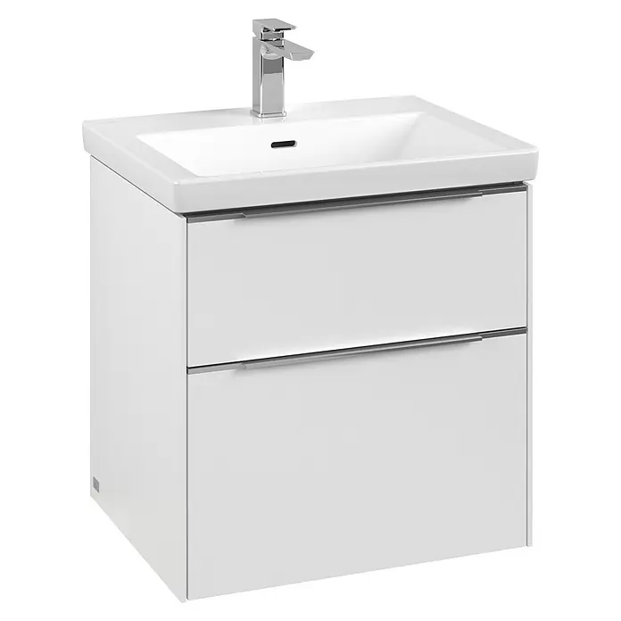 Villeroy & Boch Subway 3.0 Waschbeckenunterschrank - Pure White, Anzahl Schubladen: 2 Stk., Farbe Griff: Aluminium glänzend, B x T x H: 57,2 x 47,8 x 57,6 cm, Mit Beleuchtung - Das Bild zeigt einen weißen Waschbeckenunterschrank mit zwei Schubladen und einer glänzenden Armatur. Ein elegantes Badmöbelstück.