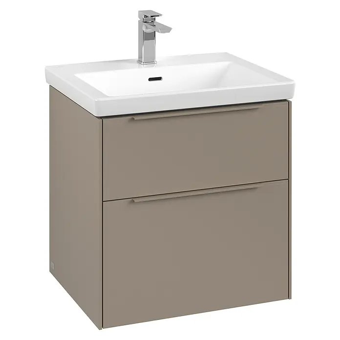 Villeroy & Boch Subway 3.0 Waschbeckenunterschrank - Taupe, Anzahl Schubladen: 2 Stk., Farbe Griff: Monochrom, B x T x H: 57,2 x 47,8 x 57,6 cm - Waschbeckenunterschrank mit zwei Schubladen in Taupe und weißem Waschbecken mit Armatur. Zeitloses Design für Ihr Badezimmer.