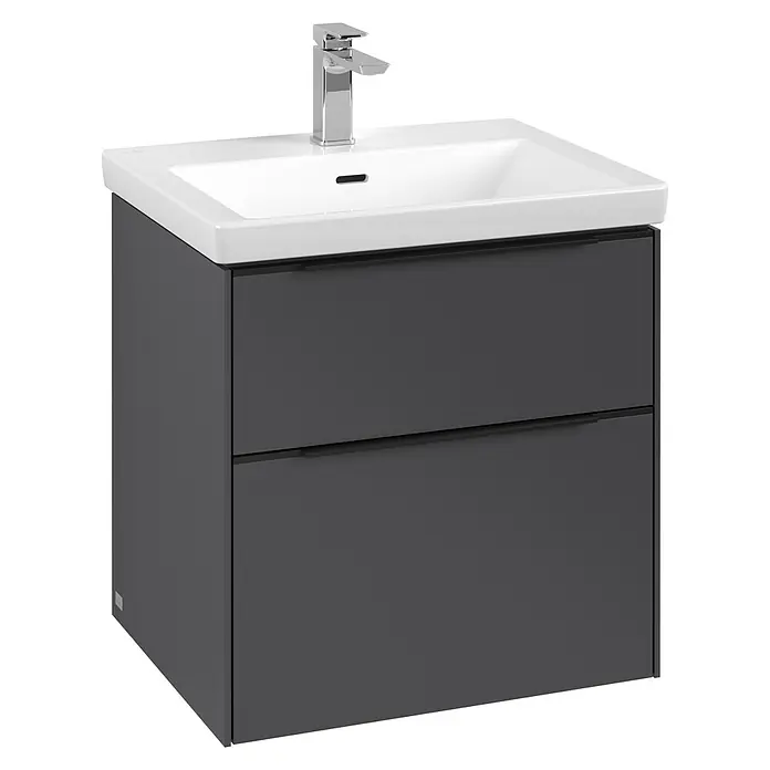 Villeroy & Boch Subway 3.0 Waschbeckenunterschrank - Graphite, Anzahl Schubladen: 2 Stk., Farbe Griff: Volcano Black, B x T x H: 57,2 x 47,8 x 57,6 cm - Ein moderner Waschtischunterschrank in Anthrazit mit zwei Schubladen und einem weißen Aufsatzwaschbecken mit Armatur.