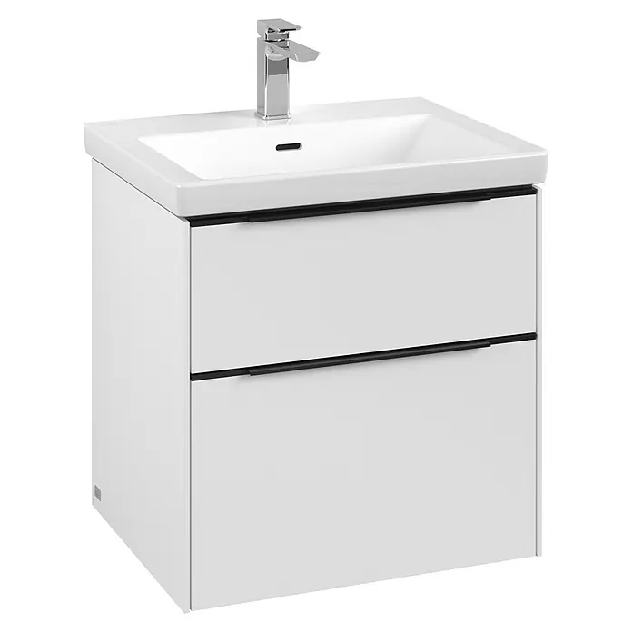 Villeroy & Boch Subway 3.0 Waschbeckenunterschrank - Pure White, Anzahl Schubladen: 2 Stk., Farbe Griff: Volcano Black, B x T x H: 57,2 x 47,8 x 57,6 cm - Ein weißer Waschtischunterschrank mit zwei Schubladen und einem modernen Waschbecken mit Armatur.