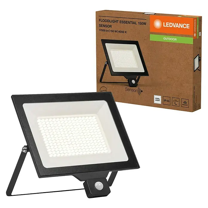 Ledvance Essential LED-Strahler Sensor - 150 W, 1.500 lm, 4.000 K, L x B x H: 337 x 45 x 310 mm, IP65 - Abbildung eines LEDVANCE Flutlichtstrahlers Essential 150W mit Sensor, ideal für den Außenbereich, mit starker Leuchtkraft und energiesparender LED-Technologie.
