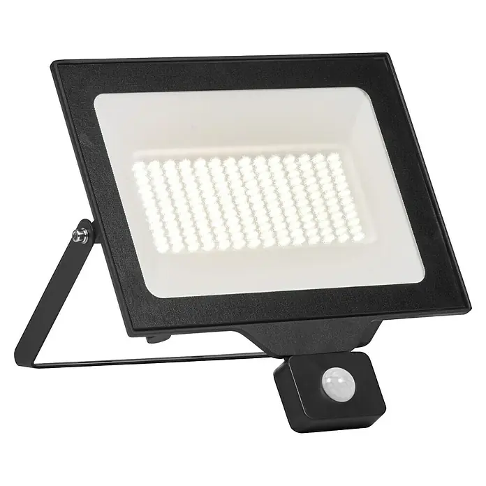 Ledvance Essential LED-Strahler Sensor - 100 W, 1.500 lm, 4.000 K, L x B x H: 337 x 45 x 310 mm, IP65 - Eine Nahaufnahme eines LED-Flutlichts mit Bewegungsmelder, ideal für die Außenbeleuchtung.