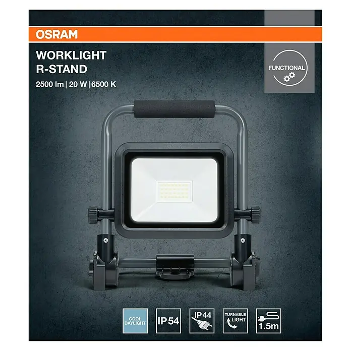 Osram LED-Baustrahler Worklight Value R-Stand - 20 W, 2.000 lm, 6.500 K, 238 x 148,6 x 254 mm, IP54 - Das OSRAM Worklight R-STAND ist eine tragbare Arbeitsleuchte mit 2500 Lumen, 20 Watt und 6500 Kelvin für optimale Ausleuchtung.