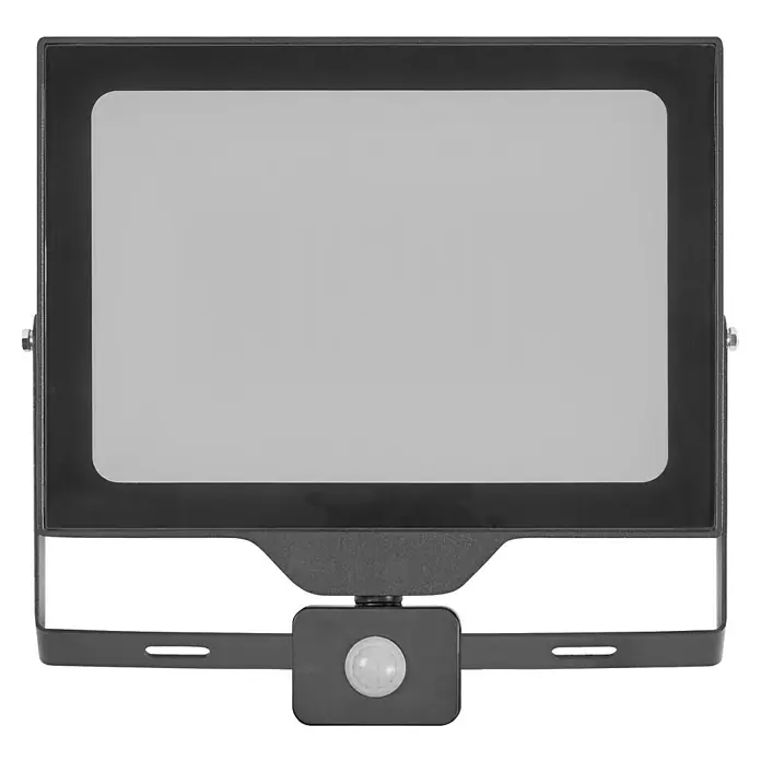 Ledvance Essential LED-Strahler Sensor - 100 W, 1.500 lm, 4.000 K, L x B x H: 337 x 45 x 310 mm, IP65 - Bild einer schwarzen LED-Außenleuchte mit Bewegungsmelder, ideal für die Beleuchtung von Außenbereichen und zur Erhöhung der Sicherheit.