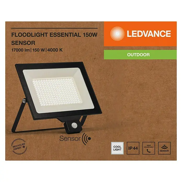 Ledvance Essential LED-Strahler Sensor - 150 W, 1.500 lm, 4.000 K, L x B x H: 337 x 45 x 310 mm, IP65 - Abbildung einer LEDVANCE Floodlight Essential 150W Sensor Außenleuchte, ideal für die Beleuchtung von Außenbereichen mit hoher Helligkeit.