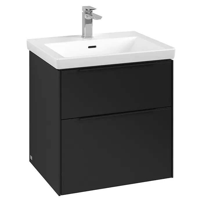 Villeroy & Boch Subway 3.0 Waschbeckenunterschrank - Volcano Black, Anzahl Schubladen: 2 Stk., Farbe Griff: Volcano Black, B x T x H: 57,2 x 47,8 x 57,6 cm - Das Bild zeigt einen modernen Waschbeckenunterschrank in Schwarz mit einer weißen Waschbeckenplatte und einem Chromwasserhahn.