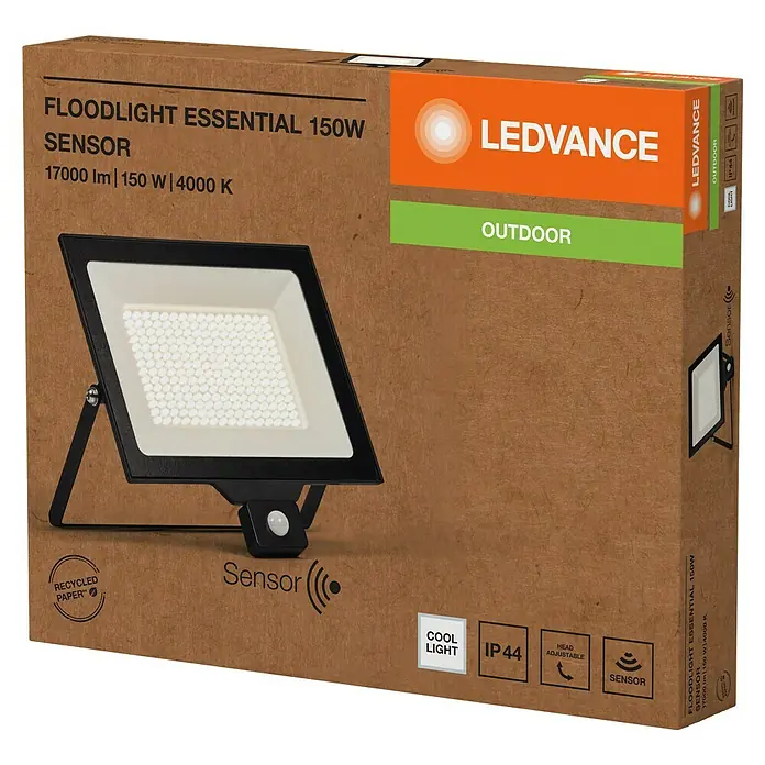 Ledvance Essential LED-Strahler Sensor - 150 W, 1.500 lm, 4.000 K, L x B x H: 337 x 45 x 310 mm, IP65 - LEDVANCE Flutlicht mit Sensor auf brauner Kartonverpackung, 150W, 4000K kaltweiß, IP44 Outdoor.