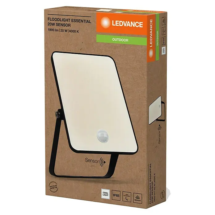 Ledvance Essential LED-Strahler Sensor - 1.900 lm, IP65, L x B x H: 173 x 111 x 33 mm - Eine LEDVANCE Floodlight Essential 20W Sensor Außenleuchte in ihrer Verpackung, perfekt für die Beleuchtung von Außenbereichen mit Bewegungssensor.