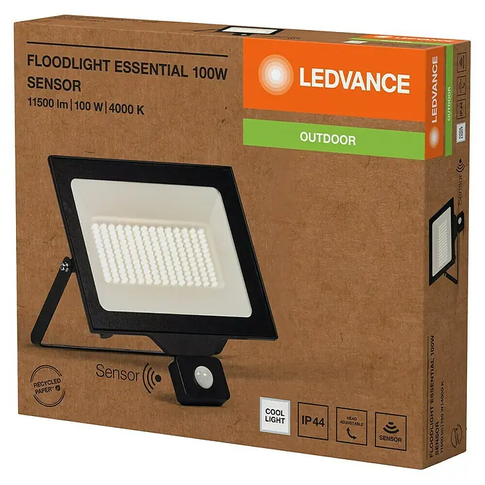 Ledvance Essential LED-Strahler Sensor - 100 W, 1.500 lm, 4.000 K, L x B x H: 337 x 45 x 310 mm, IP65 - LEDVANCE Essential 100W Außenstrahler mit Sensor, schwarz, in brauner Recyclingkartonverpackung.