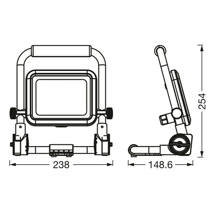 Osram LED-Baustrahler Worklight Value R-Stand - 20 W, 2.000 lm, 6.500 K, 238 x 148,6 x 254 mm, IP54 - Technisches Zeichnung: tragbare LED-Arbeitsleuchte mit verstellbarem Kopf und Griff. Maße: B 238mm, H 254mm, T 148.6mm.