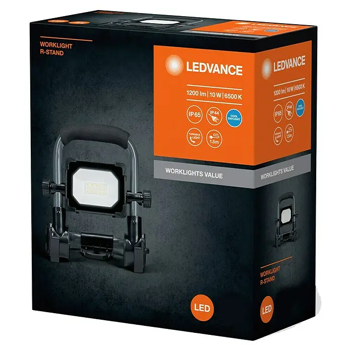 Ledvance LED Baustrahler R-Stand - 1.000 lm, 6.500 K, 180 x 138,5 x 194 mm, IP54 - Abbildung einer LEDVANCE Worklight R-Stand Arbeitsleuchte in Verpackung.