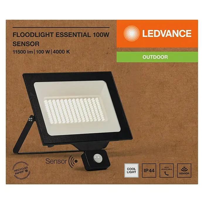Ledvance Essential LED-Strahler Sensor - 100 W, 1.500 lm, 4.000 K, L x B x H: 337 x 45 x 310 mm, IP65 - LEDVANCE Flutlicht Essential 100W Sensor. 11500 Lumen, 100 Watt, 4000 Kelvin, IP44 Schutz, ideal für den Außenbereich.