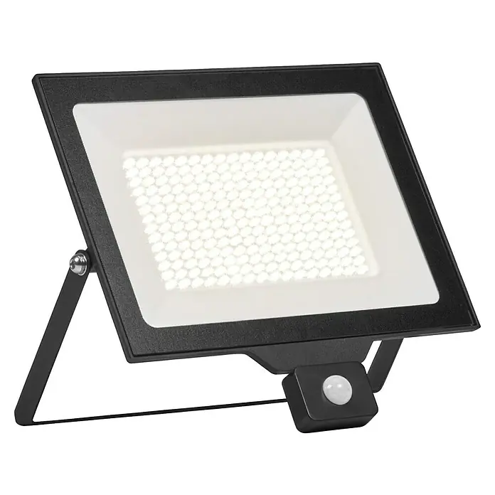 Ledvance Essential LED-Strahler Sensor - 150 W, 1.500 lm, 4.000 K, L x B x H: 337 x 45 x 310 mm, IP65 - Bild einer schwarzen LED-Flutlichtleuchte mit Bewegungssensor, ideal für den Außenbereich. Energieeffizient und langlebig.
