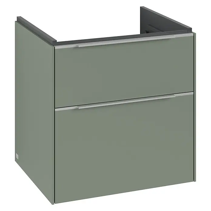 Villeroy & Boch Subway 3.0 Waschbeckenunterschrank - Soft Green, Anzahl Schubladen: 2 Stk., Farbe Griff: Aluminium glänzend, B x T x H: 57,2 x 47,8 x 57,6 cm, Mit Beleuchtung - Bild eines modernen Unterschranks in Olivgrün mit zwei Schubladen und silbernen Griffen. Das Möbelstück hat ein schlichtes Design.