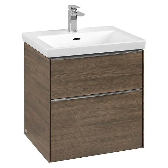 Villeroy & Boch Subway 3.0 Waschbeckenunterschrank - Arizona Oak, Anzahl Schubladen: 2 Stk., Farbe Griff: Aluminium glänzend, B x T x H: 57,2 x 47,8 x 57,6 cm, Mit Beleuchtung - Ein moderner Waschtischunterschrank in Holzoptik mit zwei Schubladen und einem weißen Aufsatzwaschbecken inklusive Armatur.