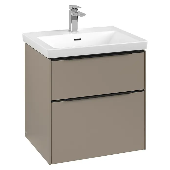 Villeroy & Boch Subway 3.0 Waschbeckenunterschrank - Taupe, Anzahl Schubladen: 2 Stk., Farbe Griff: Volcano Black, B x T x H: 57,2 x 47,8 x 57,6 cm, Mit Beleuchtung - Moderner Waschtisch mit zwei Schubladen und einem weißen Waschbecken mit Armatur.