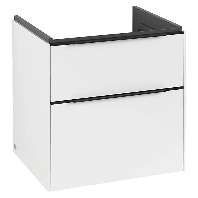 Villeroy & Boch Subway 3.0 Waschbeckenunterschrank - Brilliant White, Anzahl Schubladen: 2 Stk., Farbe Griff: Volcano Black, B x T x H: 57,2 x 47,8 x 57,6 cm, Mit Beleuchtung - Ein weißer Badezimmerschrank mit zwei Schubladen und schwarzen Griffen. Moderner Waschtischunterschrank für das Badezimmer.