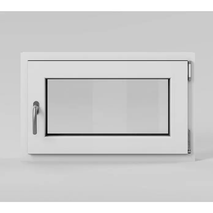 Solid Elements Kellerfenster - B x H: 80 x 50 cm, DIN Anschlag: Rechts, Weiß - Nahaufnahme eines weißen Fensters mit einem Griff und einem klaren Glas, das das Licht reflektiert und einen modernen Look bietet.