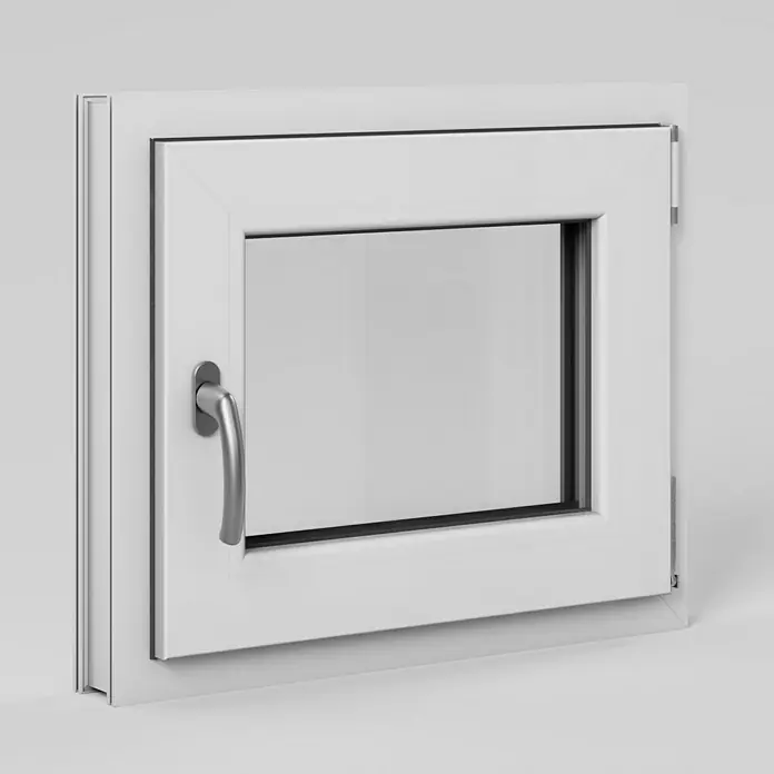 Solid Elements Kellerfenster - B x H: 60 x 50 cm, DIN Anschlag: Rechts, Weiß - Nahaufnahme eines weißen Fensters mit einem silbernen Griff, das einen modernen und minimalistischen Look für jedes Zuhause bietet.