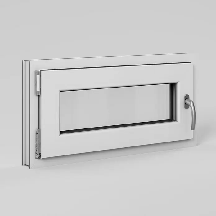 Solid Elements Kellerfenster - B x H: 80 x 40 cm, DIN Anschlag: Links, Weiß - Gekipptes, rechteckiges, weißes Fenster mit Griff und Beschlägen aus Metall für Belüftung und Lichteinfall.