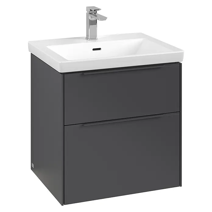 Villeroy & Boch Subway 3.0 Waschbeckenunterschrank - Graphite, Anzahl Schubladen: 2 Stk., Farbe Griff: Monochrom, B x T x H: 57,2 x 47,8 x 57,6 cm, Mit Beleuchtung - Modernes Waschbecken mit Unterschrank in Anthrazit. Das Badmöbelstück verfügt über zwei Schubladen mit Griffen und eine Armatur.