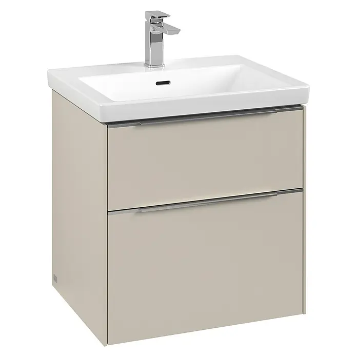 Villeroy & Boch Subway 3.0 Waschbeckenunterschrank - Cashmere Grey, Anzahl Schubladen: 2 Stk., Farbe Griff: Aluminium glänzend, B x T x H: 57,2 x 47,8 x 57,6 cm, Mit Beleuchtung - Ein moderner Waschtisch mit zwei Schubladen und einem eleganten, verchromten Wasserhahn. Das Design ist minimalistisch und stilvoll.