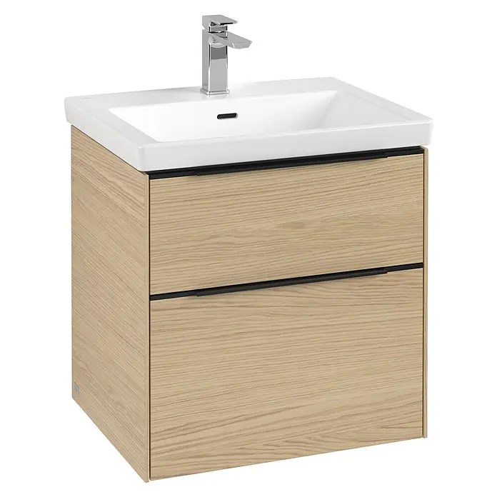Villeroy & Boch Subway 3.0 Waschbeckenunterschrank - Nordik Oak, Anzahl Schubladen: 2 Stk., Farbe Griff: Volcano Black, B x T x H: 57,2 x 47,8 x 57,6 cm, Mit Beleuchtung - Moderne Waschtischkombination mit zwei Schubladen und einem stilvollen Waschbecken mit Armatur für ein elegantes Badezimmerdesign.