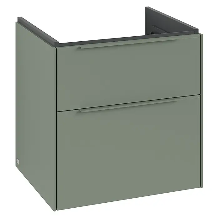 Villeroy & Boch Subway 3.0 Waschbeckenunterschrank - Soft Green, Anzahl Schubladen: 2 Stk., Farbe Griff: Monochrom, B x T x H: 57,2 x 47,8 x 57,6 cm, Mit Beleuchtung - Ein moderner Badschrank mit zwei Schubladen in einem sanften Grünton, ideal für stilvolle Badezimmer. Die klaren Linien betonen das minimalistische Design.