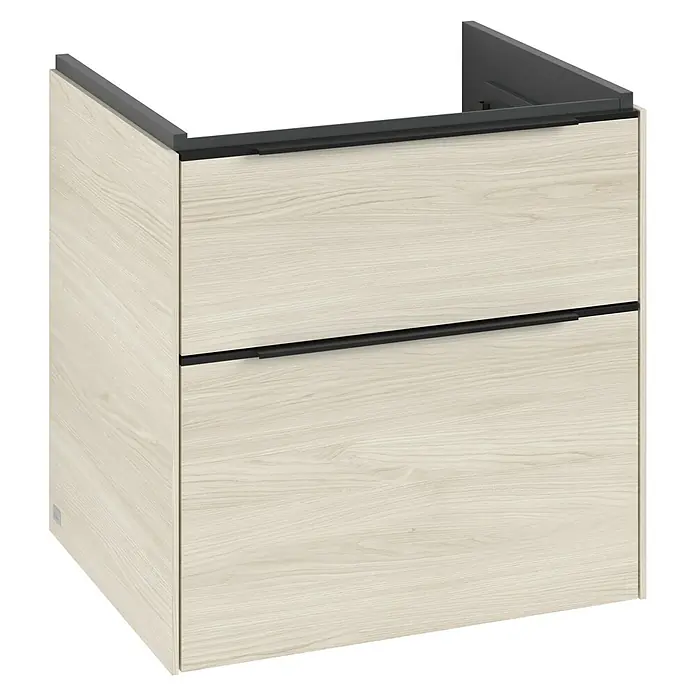 Villeroy & Boch Subway 3.0 Waschbeckenunterschrank - White Oak, Anzahl Schubladen: 2 Stk., Farbe Griff: Volcano Black, B x T x H: 57,2 x 47,8 x 57,6 cm, Mit Beleuchtung - Dieser Waschtischunterschrank mit zwei Schubladen in heller Holzoptik bietet stilvollen Stauraum im Badezimmer. Die dunklen Griffe setzen einen schönen Akzent.