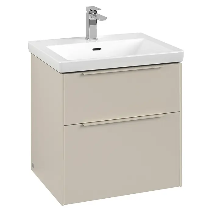 Villeroy & Boch Subway 3.0 Waschbeckenunterschrank - Cashmere Grey, Anzahl Schubladen: 2 Stk., Farbe Griff: Monochrom, B x T x H: 57,2 x 47,8 x 57,6 cm, Mit Beleuchtung - Modernes Badezimmer-Waschbecken mit zwei Schubladen in Beige und einer eleganten Armatur.