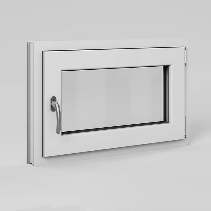Solid Elements Kellerfenster - B x H: 80 x 50 cm, DIN Anschlag: Rechts, Weiß - Nahaufnahme eines weißen Drehkippfensters mit silbernem Griff und Blick auf das klare Glas.