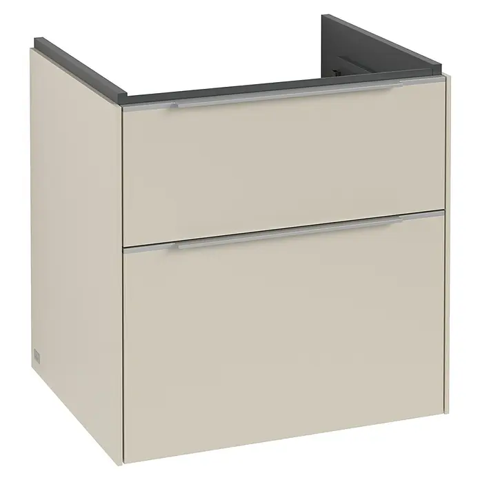 Villeroy & Boch Subway 3.0 Waschbeckenunterschrank - Cashmere Grey, Anzahl Schubladen: 2 Stk., Farbe Griff: Aluminium glänzend, B x T x H: 57,2 x 47,8 x 57,6 cm, Mit Beleuchtung - Ein moderner Badschrank mit zwei Schubladen in Beige mit schlanken, horizontalen Griffen und einer dunklen Oberseite für stilvolle Badezimmer.