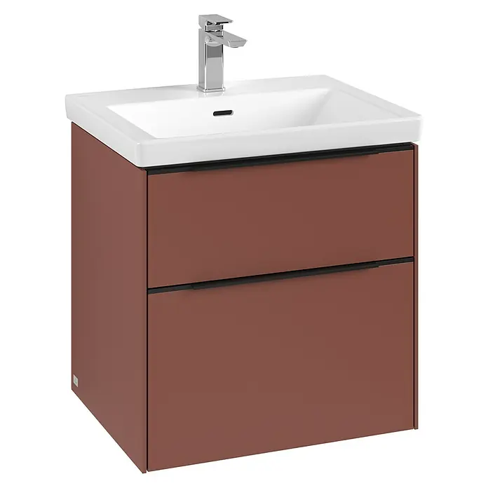 Villeroy & Boch Subway 3.0 Waschbeckenunterschrank - Wine Red, Anzahl Schubladen: 2 Stk., Farbe Griff: Volcano Black, B x T x H: 57,2 x 47,8 x 57,6 cm, Mit Beleuchtung - Ein moderner Waschtisch mit Unterschrank in Braun und einem stilvollen, eckigen Waschbecken mit Armatur. Praktisch und elegant für jedes Bad.