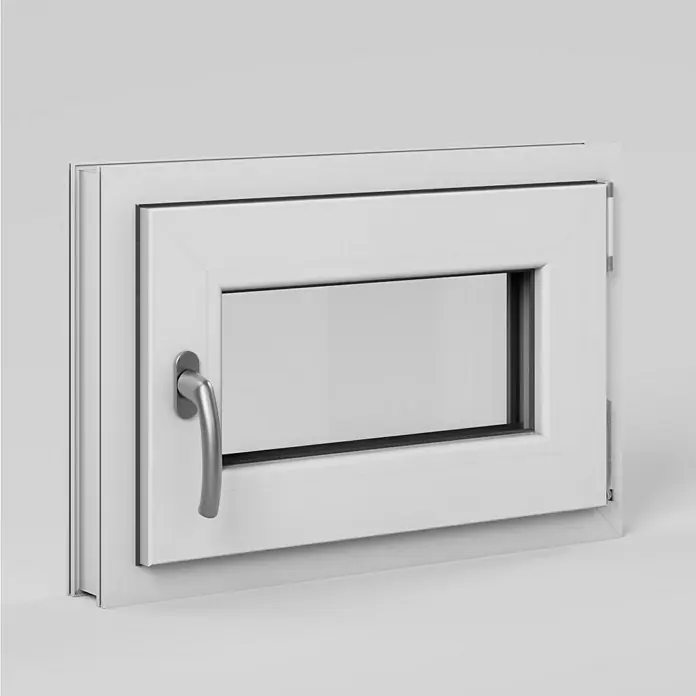 Solid Elements Kellerfenster - B x H: 60 x 40 cm, DIN Anschlag: Rechts, Weiß - Nahaufnahme eines weißen Fensters mit einem silbernen Griff und schwarzen Akzenten. Das Fenster ist teilweise geöffnet und wirft Schatten.