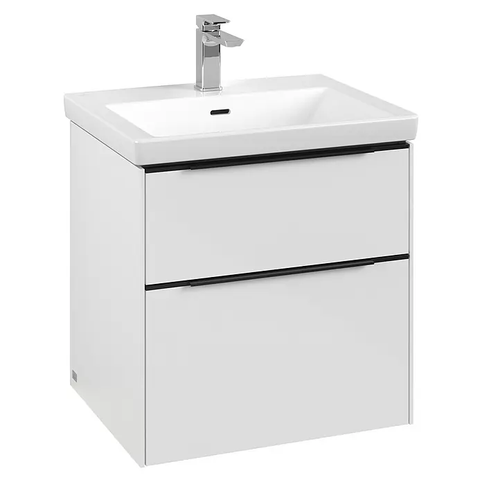 Villeroy & Boch Subway 3.0 Waschbeckenunterschrank - Brilliant White, Anzahl Schubladen: 2 Stk., Farbe Griff: Volcano Black, B x T x H: 57,2 x 47,8 x 57,6 cm, Mit Beleuchtung - Ein moderner Waschtischunterschrank in Weiß mit zwei Schubladen und einem Aufsatzwaschbecken mit Armatur. Stilvolles Design für das Badezimmer.