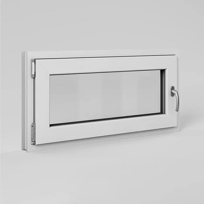 Solid Elements Kellerfenster - B x H: 100 x 50 cm, DIN Anschlag: Links, Weiß - Ein weißes Kippfenster mit einem Griff und sichtbaren Scharnieren, das auf einer ebenen Fläche steht, ideal für Keller oder Nebenräume.